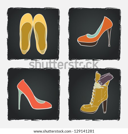 Hand drawn high hill shoes on chalkboard background. Vector