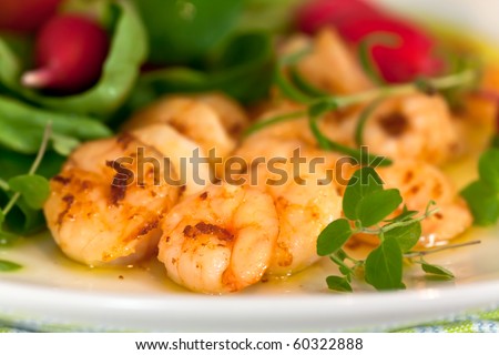 Roasted Prawns with Salad of Corn Salad,radish,Cherry Tomatoes - stock ...