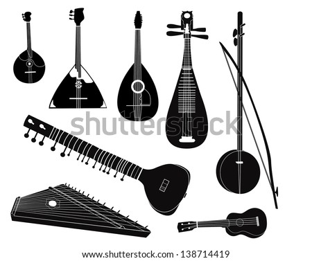 Ethnic music instruments vector set. Musical instrument silhouette on white background. - stock vector