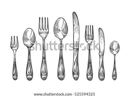 Cutlery set spoons, forks and knifes, top view. Sketch vector illustration Cutlery set spoons, forks and knifes, top view. Sketch vector illustration