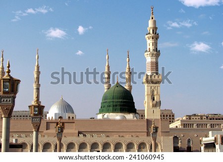 Masjid Al Nabawi or Nabawi Mosque (Mosque of the Prophet) in Medina (City of Lights), Saudi Arabia. Nabawi mosque is Islam's second holiest mosque after Haram Mosque (in Mecca, Saudi Arabia). - stock photo