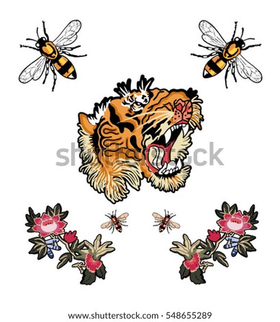 embroidery patch flowers tiger bee illustration embroidery patch flowers tiger bee illustration