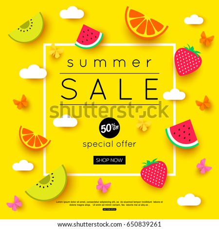 Summer Sale banner with pieces of ripe fruit, bright design. Vector eps 10 format Summer Sale banner with pieces of ripe fruit, bright design. Vector eps 10 format