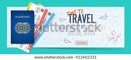Special offer on business Travel. Business trip banner. Passport with tickets. Air travel concept. Business travel illustration. 50% off. - stock vector Special offer on business Travel. Business trip banner. Passport with tickets. Air travel concept. Business travel illustration. 50% off. - stock vector