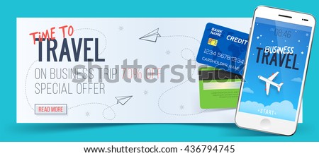 Special offer on business Travel. Business trip banner. Smartphone and credit cards. Air travel concept. Business travel illustration. 70% off. - stock vector Special offer on business Travel. Business trip banner. Smartphone and credit cards. Air travel concept. Business travel illustration. 70% off. - stock vector