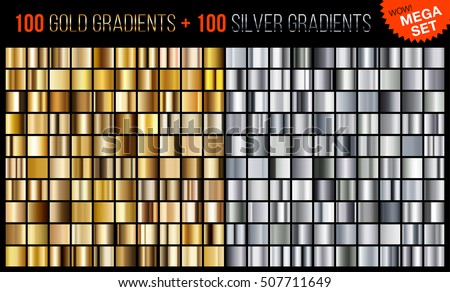 Vector mega set of gold and silver gradients. Golden and silver squares collection. Golden background texture. Mega collection metallic and golden gradient illustration. Vector mega set of gold and silver gradients. Golden and silver squares collection. Golden background texture. Mega collection metallic and golden gradient illustration.