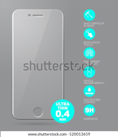 Screen protect Glass. Vector screen protector film or glass cover isolated on grey background. Mobile accessory. Vector illustration Screen protect Glass. Vector screen protector film or glass cover isolated on grey background. Mobile accessory. Vector illustration