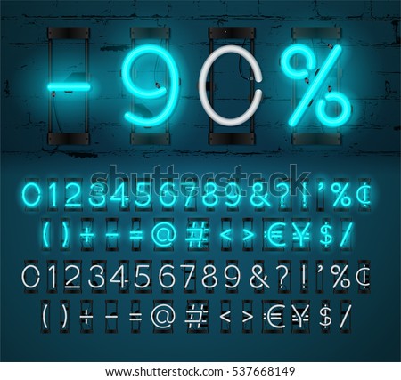Neon Light Alphabet Vector Font. Glowing text effect. On and Off lamp. Neon Numbers and punctuation marks on Brick wall background. isolated on blue background Neon Light Alphabet Vector Font. Glowing text effect. On and Off lamp. Neon Numbers and punctuation marks on Brick wall background. isolated on blue background