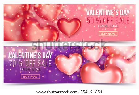 Two Sale header or banner with discount offer for Happy Valentine's Day celebration. Balloons in the shape of heart. Vector illustration Two Sale header or banner with discount offer for Happy Valentine's Day celebration. Balloons in the shape of heart. Vector illustration