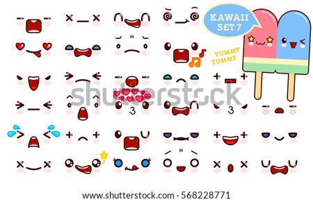 Set of cute kawaii emoticon face and sweet couple ice cream kawaii. Collection emoticon manga, cartoon style. Vector illustration. Adorable characters icons design Set of cute kawaii emoticon face and sweet couple ice cream kawaii. Collection emoticon manga, cartoon style. Vector illustration. Adorable characters icons design