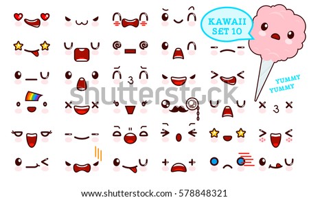 Set of cute kawaii emoticon face and sweet cotton candy kawaii. Collection emoticon manga, cartoon style. Vector illustration. Adorable characters icons design Set of cute kawaii emoticon face and sweet cotton candy kawaii. Collection emoticon manga, cartoon style. Vector illustration. Adorable characters icons design