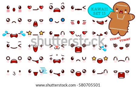 Set of cute kawaii emoticon face and sweet cookie kawaii. Collection emoticon manga, cartoon style. Vector illustration. Adorable characters icons design Set of cute kawaii emoticon face and sweet cookie kawaii. Collection emoticon manga, cartoon style. Vector illustration. Adorable characters icons design