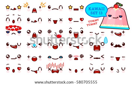 Set of cute kawaii emoticon face and sweet jelly kawaii. Collection emoticon manga, cartoon style. Vector illustration. Adorable characters icons design Set of cute kawaii emoticon face and sweet jelly kawaii. Collection emoticon manga, cartoon style. Vector illustration. Adorable characters icons design
