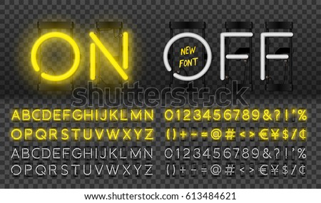 Big yellow neon set, glowing alphabet, vector Font. Glowing text effect. On and Off lamp. Neon Numbers and punctuation marks. isolated on transparent background. Big yellow neon set, glowing alphabet, vector Font. Glowing text effect. On and Off lamp. Neon Numbers and punctuation marks. isolated on transparent background.