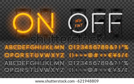 Big orange neon set, glowing alphabet, vector Font. Glowing text effect. On and Off lamp. Neon Numbers and punctuation marks. isolated on transparent background. Big orange neon set, glowing alphabet, vector Font. Glowing text effect. On and Off lamp. Neon Numbers and punctuation marks. isolated on transparent background.
