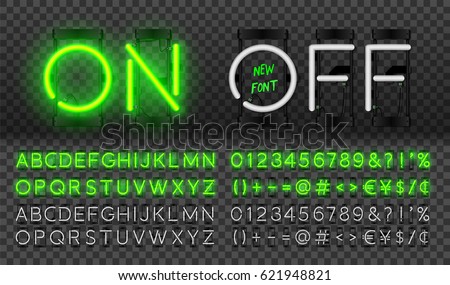 Big green neon set, glowing alphabet, vector Font. Glowing text effect. On and Off lamp. Neon Numbers and punctuation marks. isolated on transparent background. Big green neon set, glowing alphabet, vector Font. Glowing text effect. On and Off lamp. Neon Numbers and punctuation marks. isolated on transparent background.