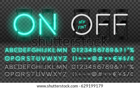 Big turquoise neon set, glowing alphabet, vector Font. Glowing text effect. On and Off lamp. Neon Numbers and punctuation marks. isolated on transparent background. Big turquoise neon set, glowing alphabet, vector Font. Glowing text effect. On and Off lamp. Neon Numbers and punctuation marks. isolated on transparent background.