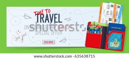 Special offer on business Travel. Business trip banner. Tickets with wallet. Air travel concept. Business travel illustration. 30% off. Special offer on business Travel. Business trip banner. Tickets with wallet. Air travel concept. Business travel illustration. 30% off.