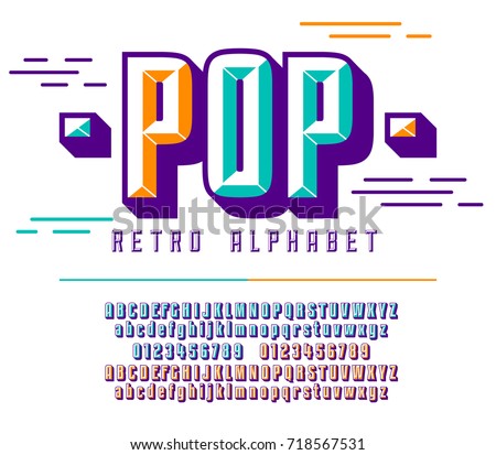 Stylish colorful stylized retro pop font and alphabet with numbers, upper and uppercase letters. Stylish colorful stylized retro pop font and alphabet with numbers, upper and uppercase letters.
