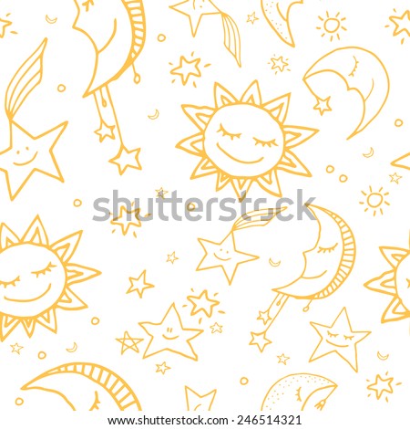 and stars moon signs  Cute seamless yoga with sun, and zodiac  funny vector space  poses pattern