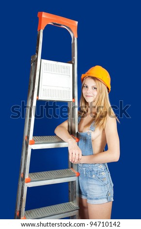 Sexy Girl Dungarees Hardhat On Stepladder Stock Photo