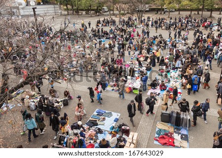 Harajuku, Japan - December 8: Shoppers come to flea market at Yoyogi ...