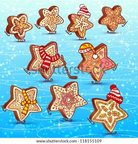 Funny honey-cakes sweet gingerbread skating on the blue ice - stock ...