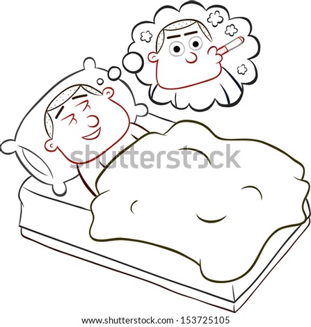 Cartoon man lying in bed and dreaming of smoking a cigarette. - stock ...