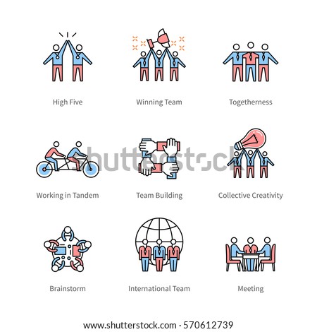 Team work, management, business concept symbols. Thin line art icons with flat colorful design elements. Modern linear style illustrations isolated on white. Team work, management, business concept symbols. Thin line art icons with flat colorful design elements. Modern linear style illustrations isolated on white.