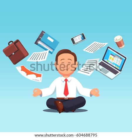 Business man sitting in padmasana lotus pose with flying around documents, phone, laptop flying around him. Office worker multitasking & meditating, relaxing doing yoga. Flat style vector illustration Business man sitting in padmasana lotus pose with flying around documents, phone, laptop flying around him. Office worker multitasking & meditating, relaxing doing yoga. Flat style vector illustration