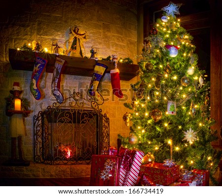 Cozy Christmas scene featuring a fireplace, gifts, and a decorated 