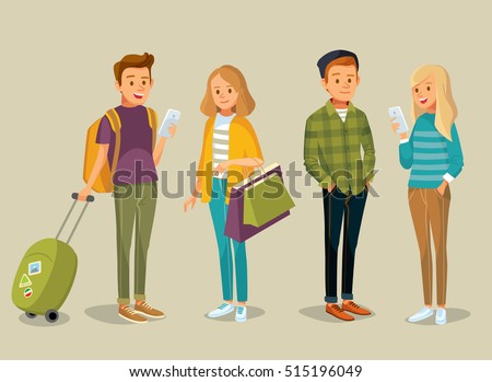Students with gadgets, shopping bags and suitcase Students with gadgets, shopping bags and suitcase