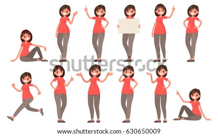 Set of a woman in casual clothes in different poses. A character for your project. Vector illustration in a flat style Set of a woman in casual clothes in different poses. A character for your project. Vector illustration in a flat style