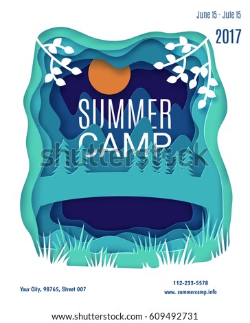 Paper cut beautiful night landscape with mountains, lake and trees. Usable for web and print, flyers, posters, card, brochure cover. Vector illustration. Paper cut beautiful night landscape with mountains, lake and trees. Usable for web and print, flyers, posters, card, brochure cover. Vector illustration.
