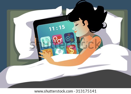 Young girl lying in bed hugging a giant smartphone, vector ...