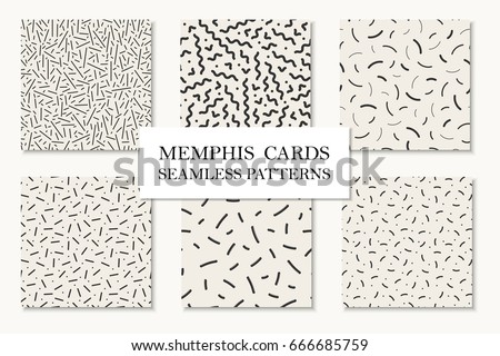 Collection of seamless memphis patterns, cards. Mosaic curve, dash textures. Trendy repetitive backgrounds. Retro design 80 - 90s. Collection of seamless memphis patterns, cards. Mosaic curve, dash textures. Trendy repetitive backgrounds. Retro design 80 - 90s.