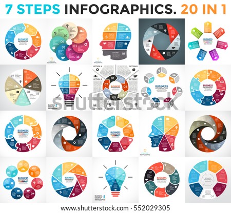 Vector circle arrows infographics, cycle diagram, graph, presentation chart. Business startup infographic with 7 options, parts, steps, processes. Head think, light bulb, puzzle. Geometric figures. Vector circle arrows infographics, cycle diagram, graph, presentation chart. Business startup infographic with 7 options, parts, steps, processes. Head think, light bulb, puzzle. Geometric figures.