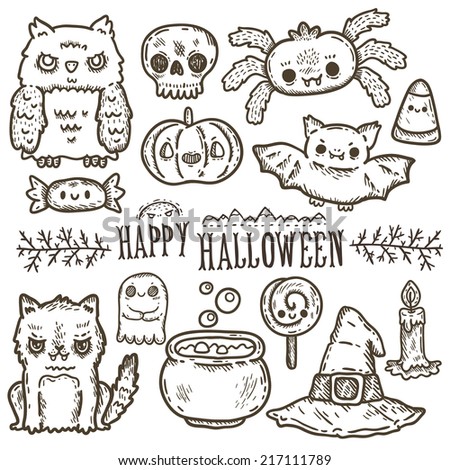 Cute Cartoon Sketch Happy Halloween Characters Stock Vector 217536010