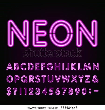 Purple Neon Light Alphabet Font. Neon effect letters, numbers and symbols on the dark background. Vector typeface for labels, titles, posters etc. - stock vector Purple Neon Light Alphabet Font. Neon effect letters, numbers and symbols on the dark background. Vector typeface for labels, titles, posters etc. - stock vector