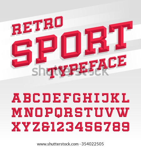Beveled alphabet vector font. Retro sport style typeface for labels, titles, posters or sportswear transfers. Type letters, numbers and symbols on the bright background. - stock vector Beveled alphabet vector font. Retro sport style typeface for labels, titles, posters or sportswear transfers. Type letters, numbers and symbols on the bright background. - stock vector