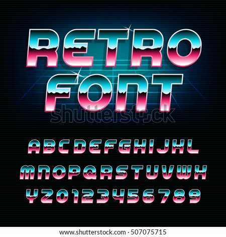 80's retro alphabet font. Metallic effect shiny oblique letters and numbers. Vector typeface for flyers, headlines, posters etc. 80's retro alphabet font. Metallic effect shiny oblique letters and numbers. Vector typeface for flyers, headlines, posters etc.