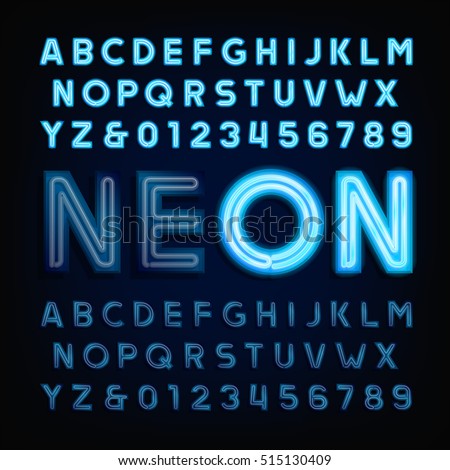 Blue neon tube alphabet font. Light turn on and off. Type letters and numbers on a dark background. Vector typography for labels, titles, posters etc. Blue neon tube alphabet font. Light turn on and off. Type letters and numbers on a dark background. Vector typography for labels, titles, posters etc.