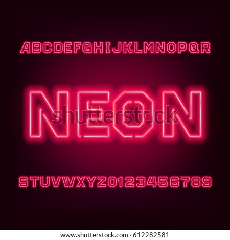 Red neon tube alphabet font. Type letters and numbers on a dark background. Vector typeset for your design. Red neon tube alphabet font. Type letters and numbers on a dark background. Vector typeset for your design.