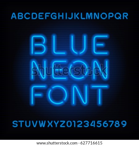Neon tube alphabet font. Blue color type letters and numbers. Vector typography for headlines, posters, etc. Neon tube alphabet font. Blue color type letters and numbers. Vector typography for headlines, posters, etc.