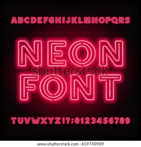 Neon tube alphabet font. Red color bold type letters and numbers. Vector typeface for headlines, posters, etc. Neon tube alphabet font. Red color bold type letters and numbers. Vector typeface for headlines, posters, etc.