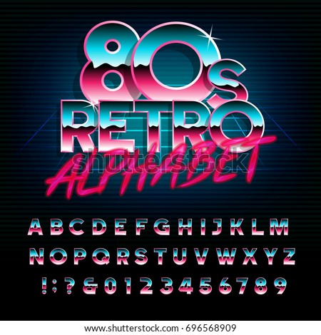80's retro alphabet font. Metallic effect type letters and numbers. Vector typeface for your design. 80's retro alphabet font. Metallic effect type letters and numbers. Vector typeface for your design.