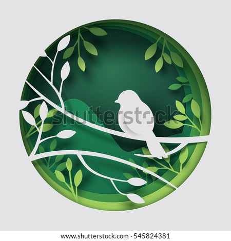 Paper art carve to bird on tree branch in forest at night, origami concept nature and animals idea, vector art and illustration. Paper art carve to bird on tree branch in forest at night, origami concept nature and animals idea, vector art and illustration.