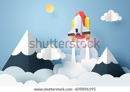 Paper art of space shuttle launch to the sky, start up business concept and exploration idea, vector art and illustration. Paper art of space shuttle launch to the sky, start up business concept and exploration idea, vector art and illustration.