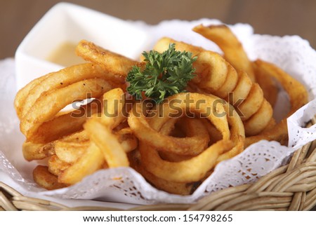 onion ring side dish snack egg salad and squid with