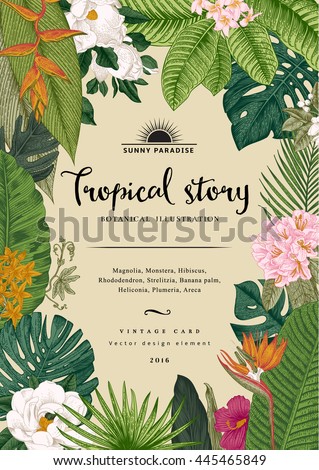 Vector vintage card. Botanical illustration. Tropical flowers and leaves. Colorful - stock vector Vector vintage card. Botanical illustration. Tropical flowers and leaves. Colorful - stock vector